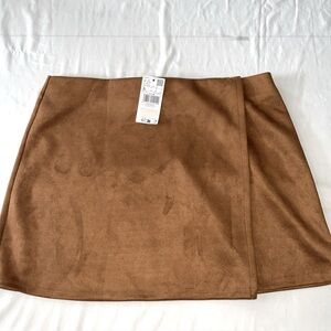 Mango MNG Brown Faux Suede Faux Wrap Mini Skirt Elasticated Waist Size XL NWT